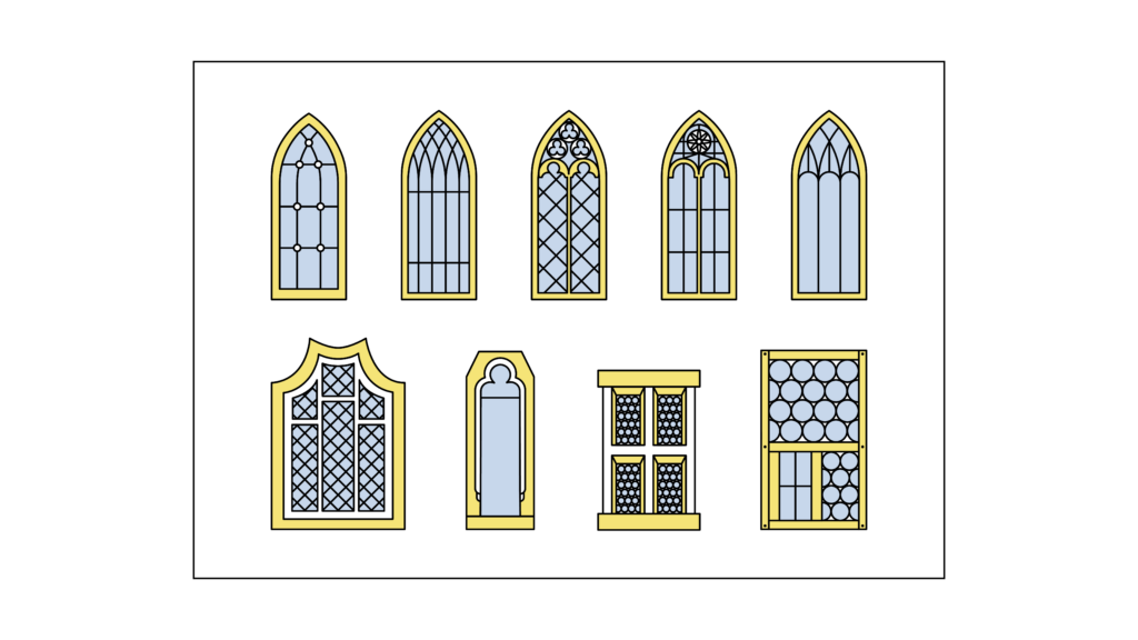 Sieben Fensterillustration im Stil von Gotik und Renaissance
